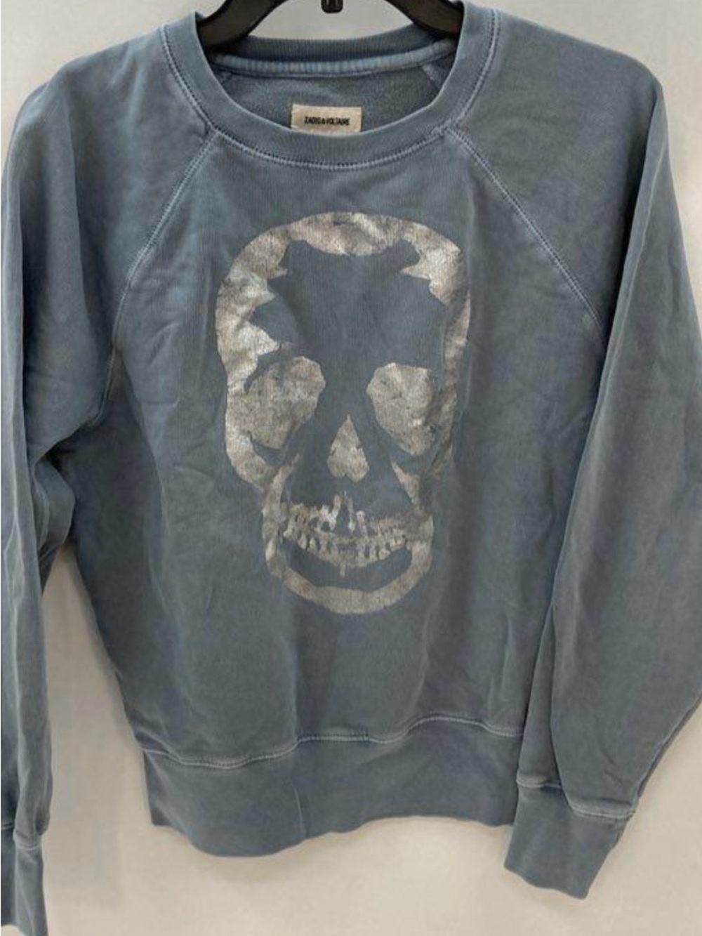 Zaria &Voltaire Washed Blue Skull Graphic Crewneck Sweatshirt